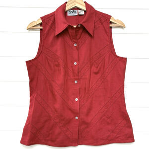 Edward Irish Linen Embroidered Floral Eyelet Sleeveless Blouse Vest Size M Red
